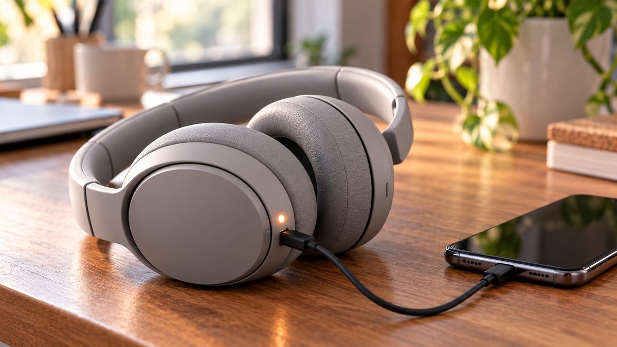 Grey over-ear headphones on a wooden desk, charging by USB-C cable from a smartphone, with a small LED glowing on the ear cup
