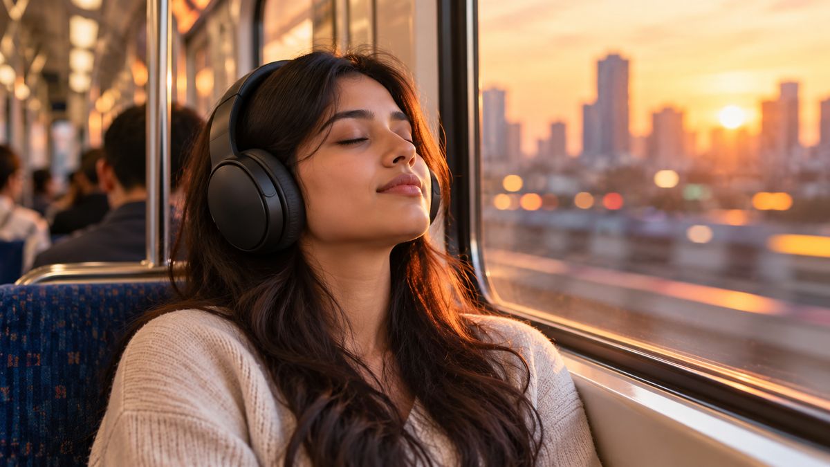 Woman with closed eyes wearing black over-ear headphones on a train, with a city skyline at sunset through the window