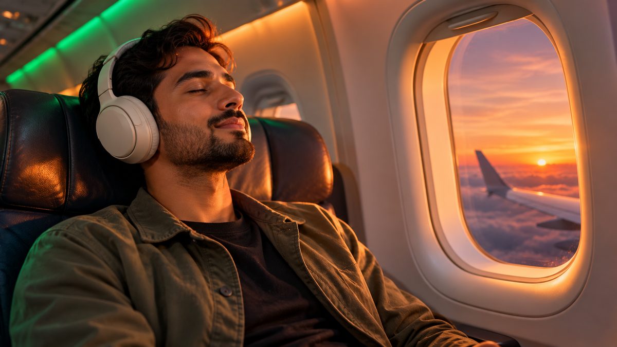 A man relaxing with his eyes closed in an airplane window seat, wearing over-ear headphones at sunset