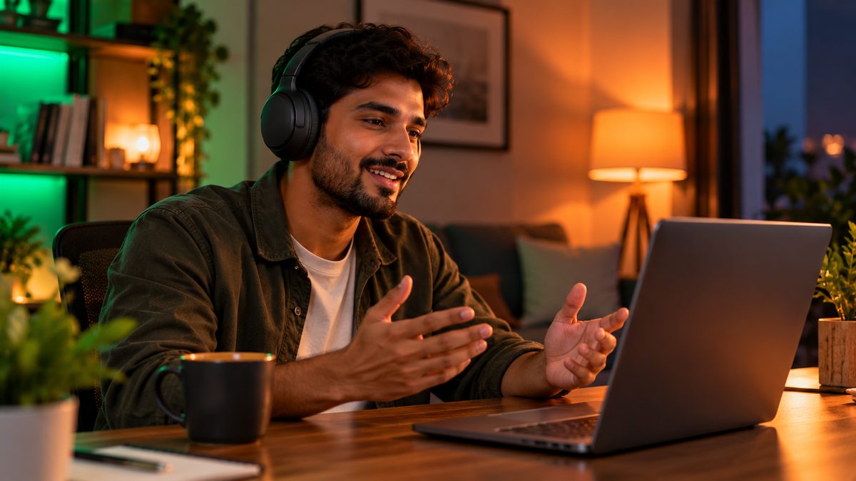 A man wearing black over-ear headphones talking on a video call at a laptop on his desk, with a coffee mug beside him