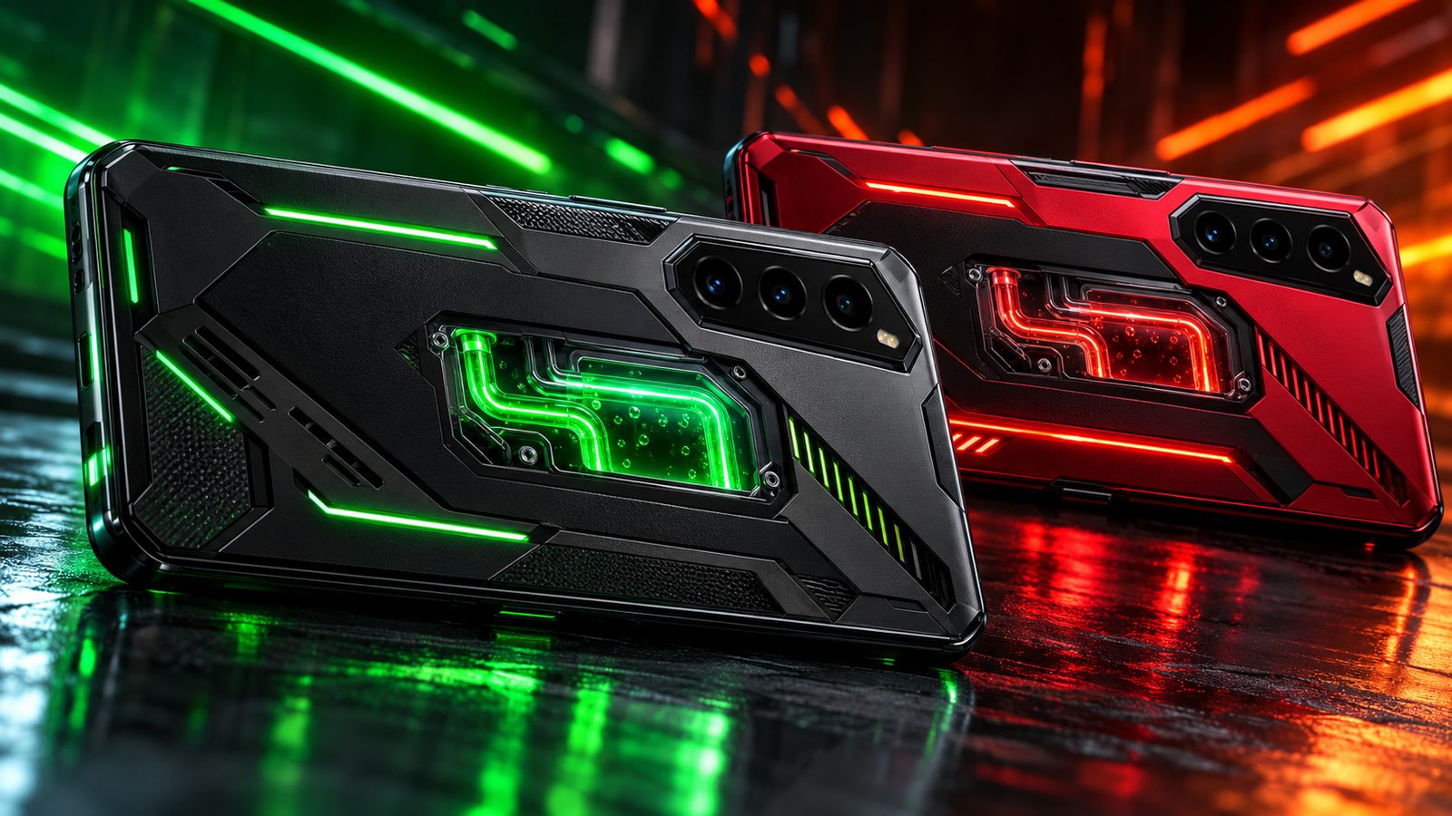 Illustration of two gaming phones in black and red with glowing liquid cooling windows on the back