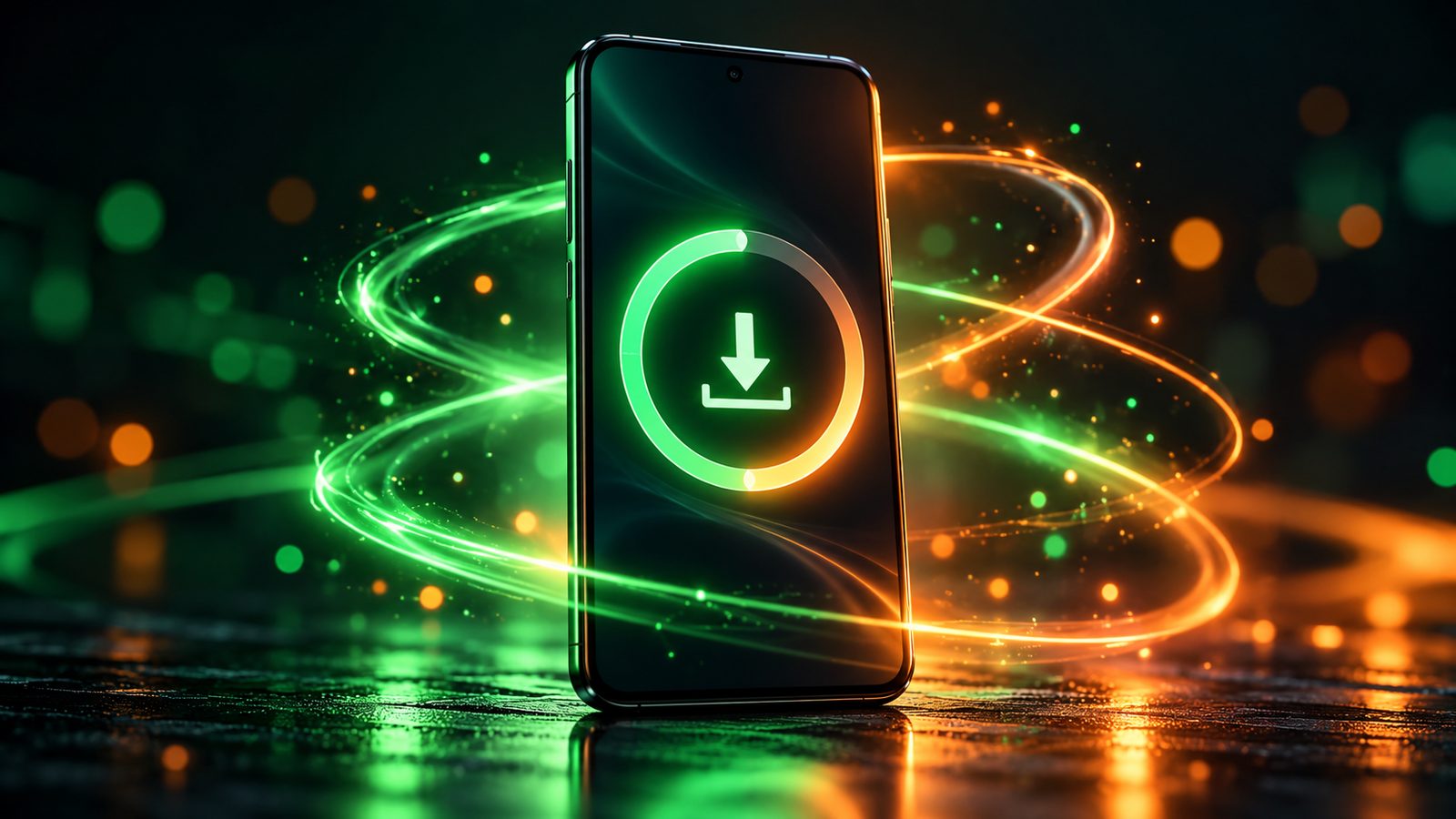 A smartphone on a dark reflective surface showing a glowing software download icon, surrounded by green and orange light trails
