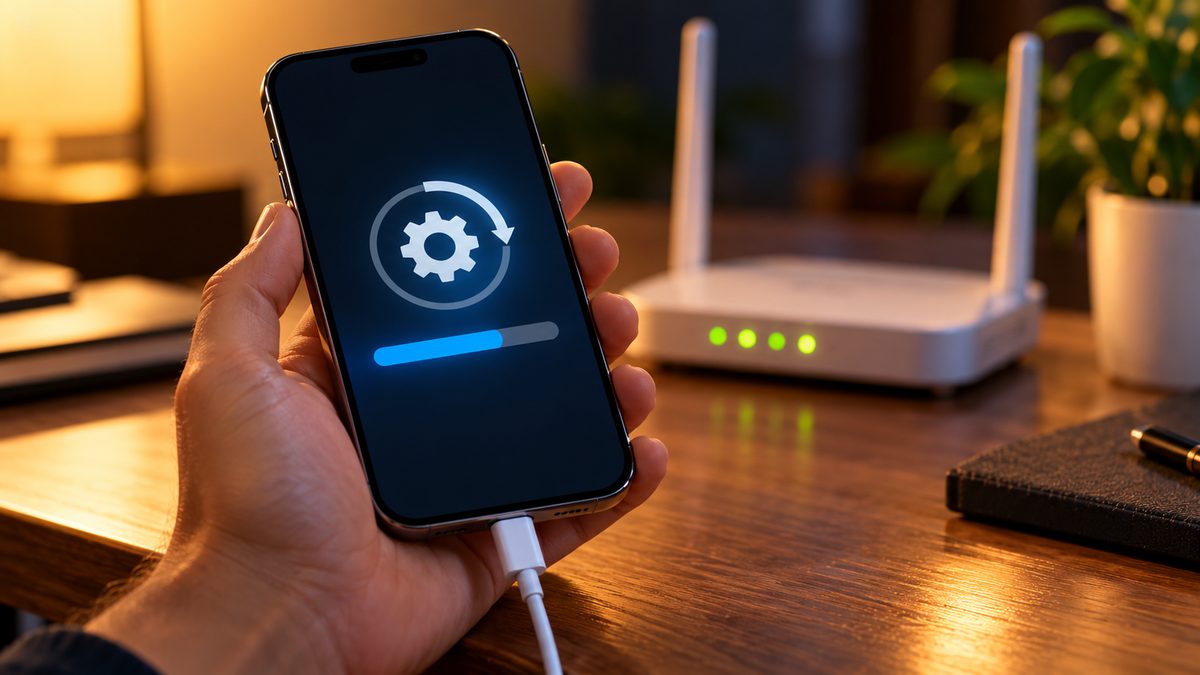 A hand holding a charging phone showing a software update progress bar, with a Wi-Fi router on the desk behind