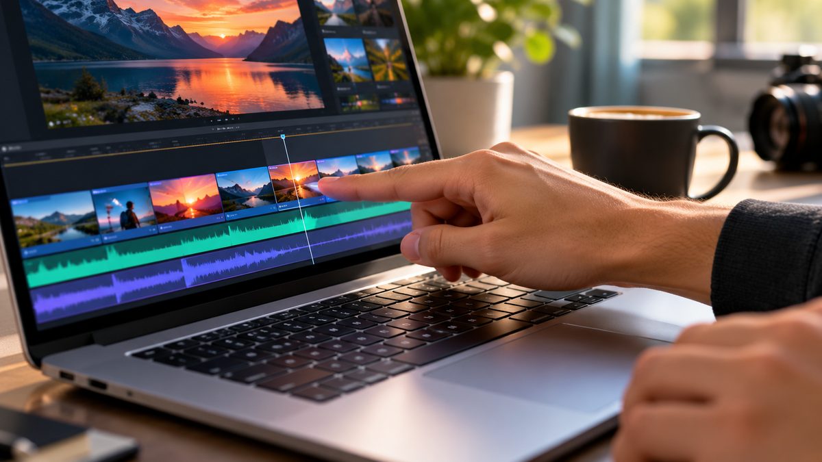 A finger touching a laptop screen to move through a video editing timeline, with a coffee mug and camera on the desk