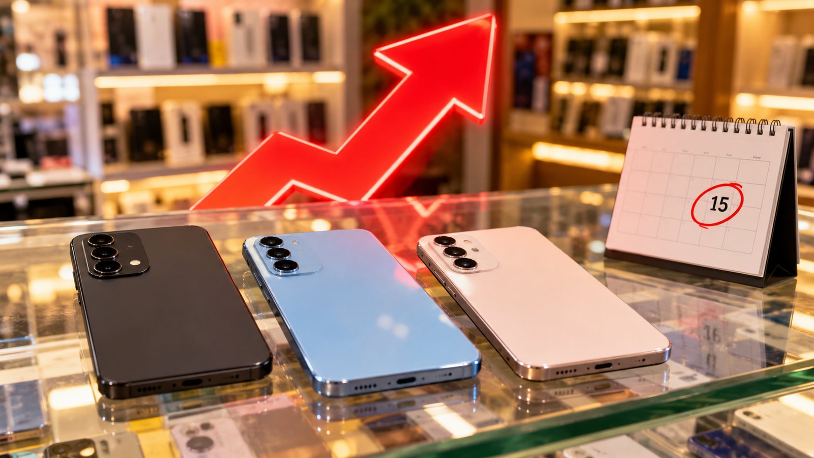 Three budget smartphones on a shop counter with a glowing red upward arrow and a desk calendar with the 15th circled