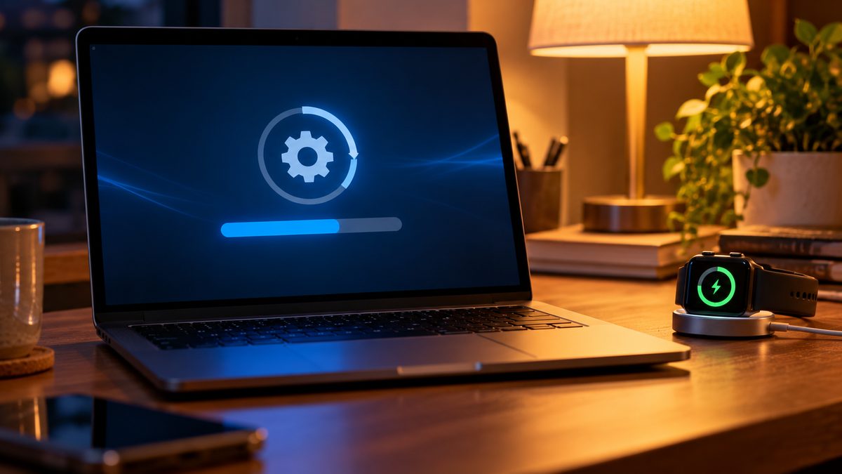 A laptop installing a software update on a desk at night, next to a smartwatch on its charger