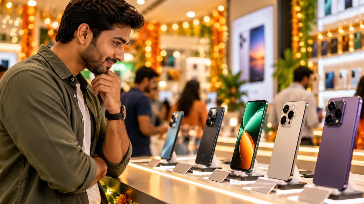 A man thinking while looking at a row of new flagship phones on display stands in a festive electronics store