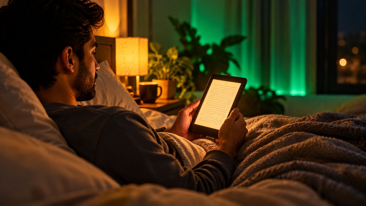 A man reading an e-reader with a warm amber screen light in bed at night, with a green glow in the background