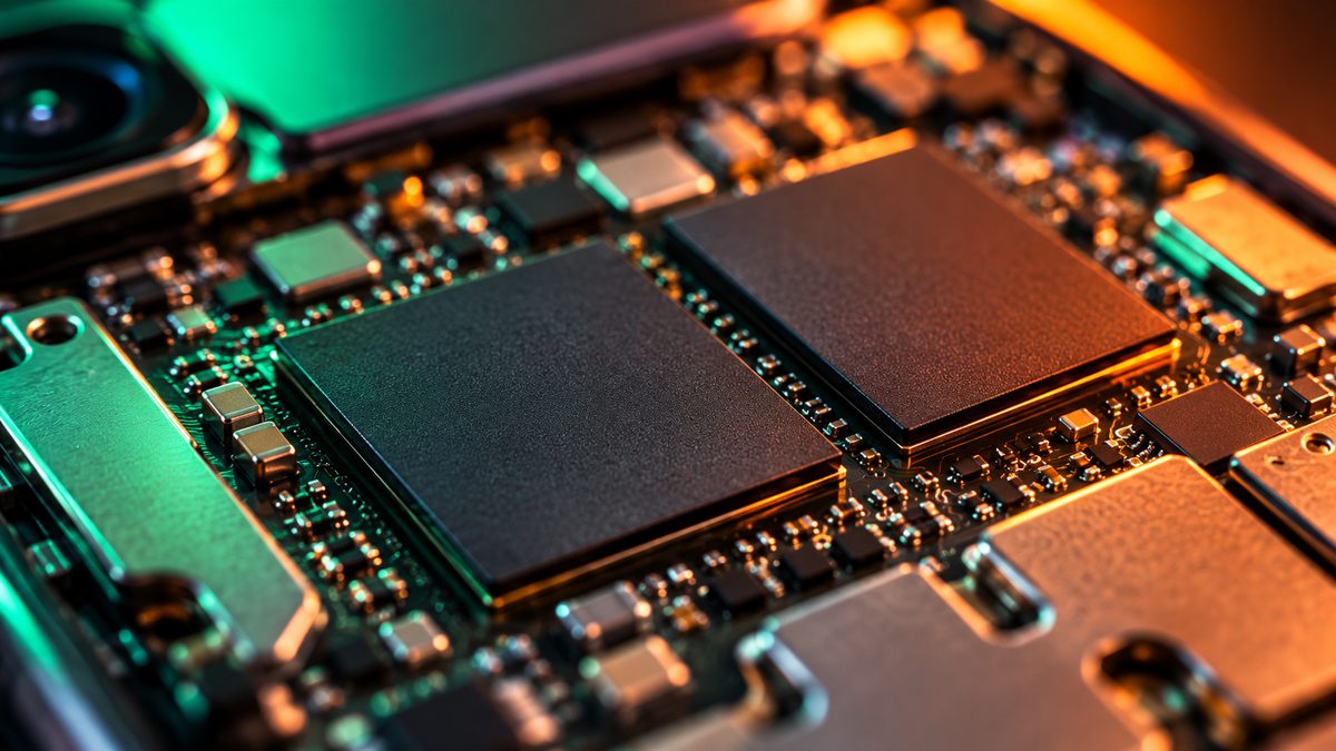 Close-up of memory chips on a smartphone circuit board