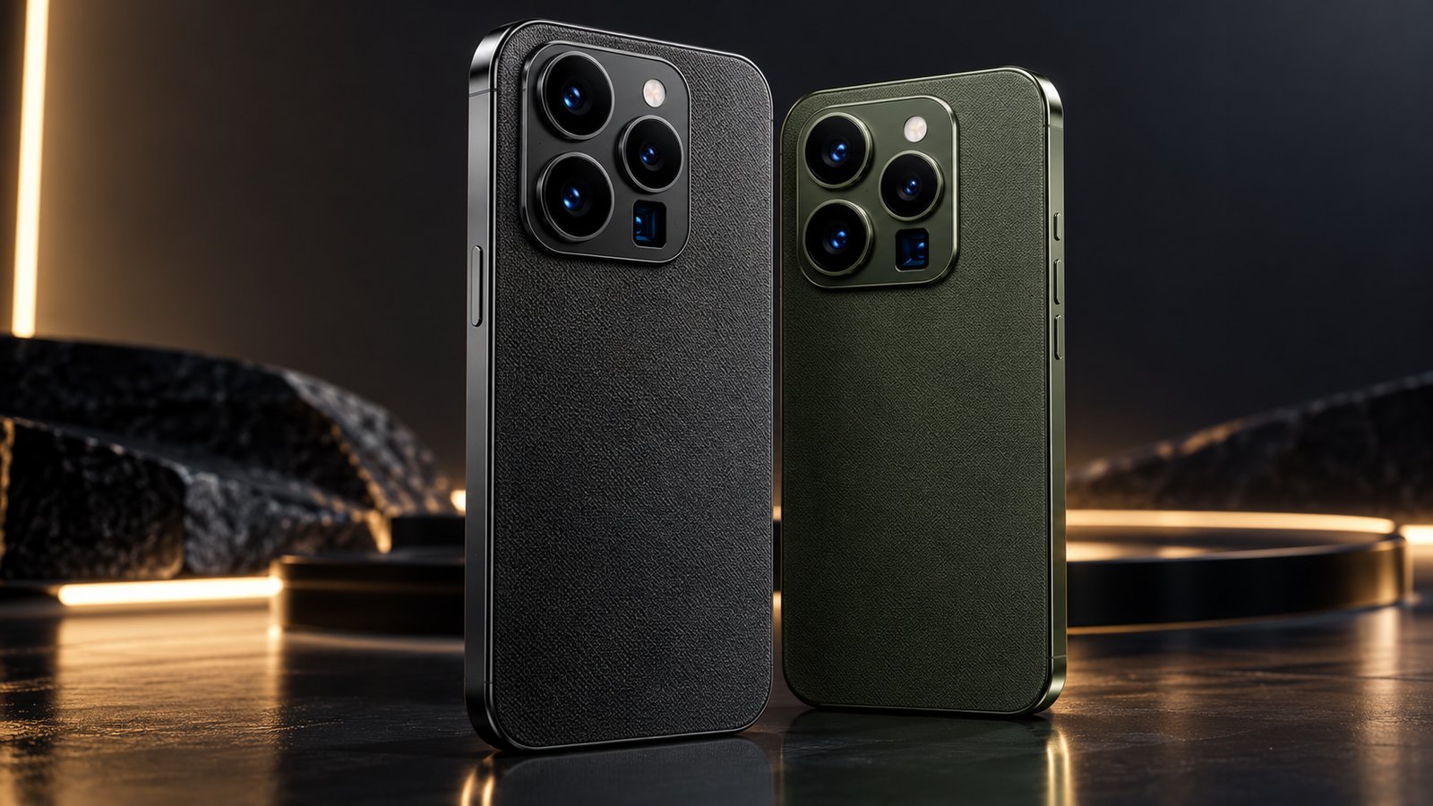 A black phone and an olive green phone with textured backs and large square camera modules, standing on a dark stage with warm lights