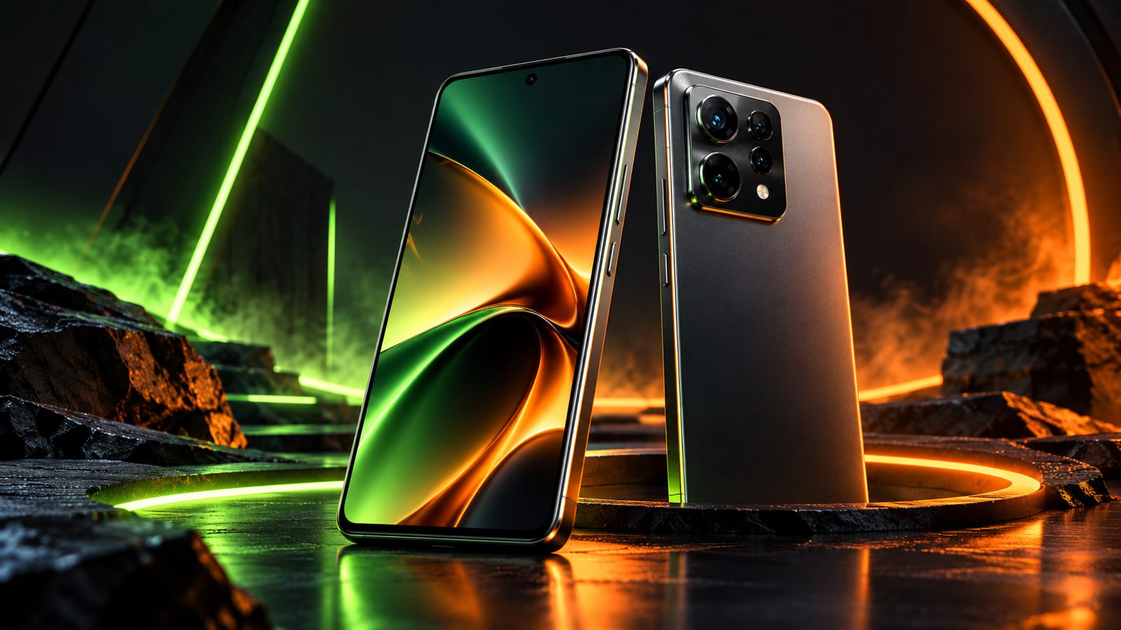 Concept illustration of two flagship smartphones on a glowing launch stage