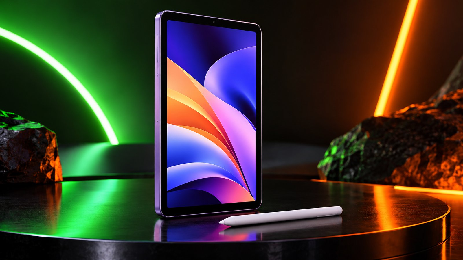 A small lavender tablet with a colourful wallpaper and a white stylus on a dark stage lit by green and orange neon