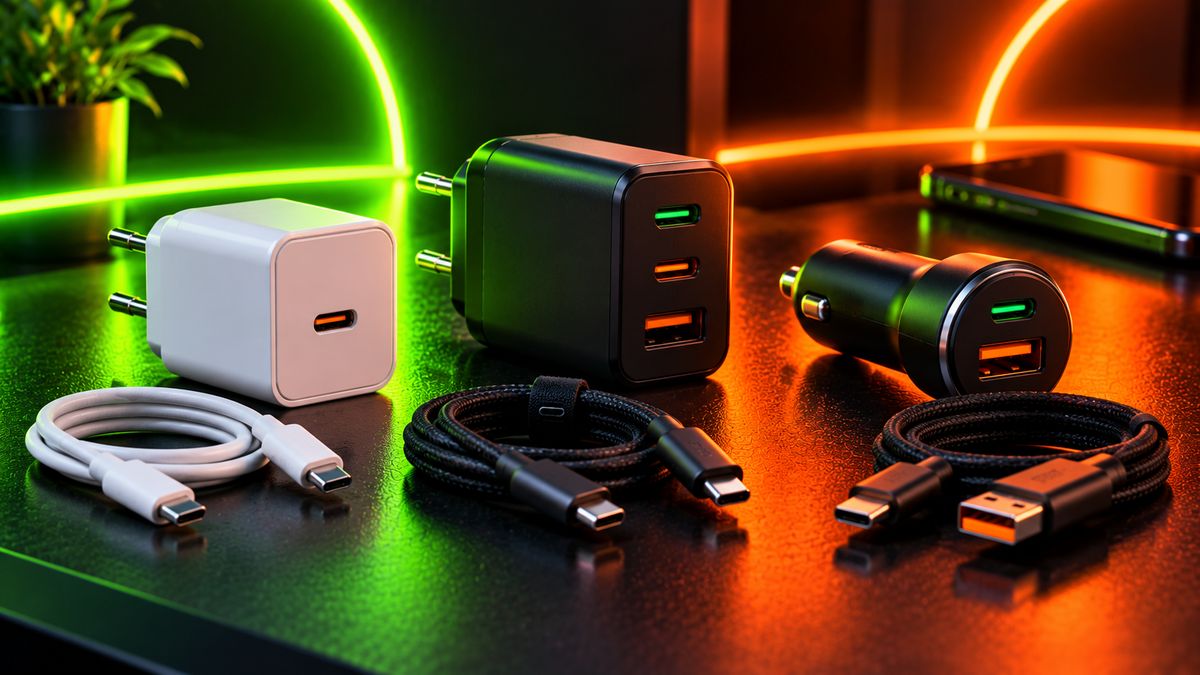 Different phone chargers and USB cables side by side
