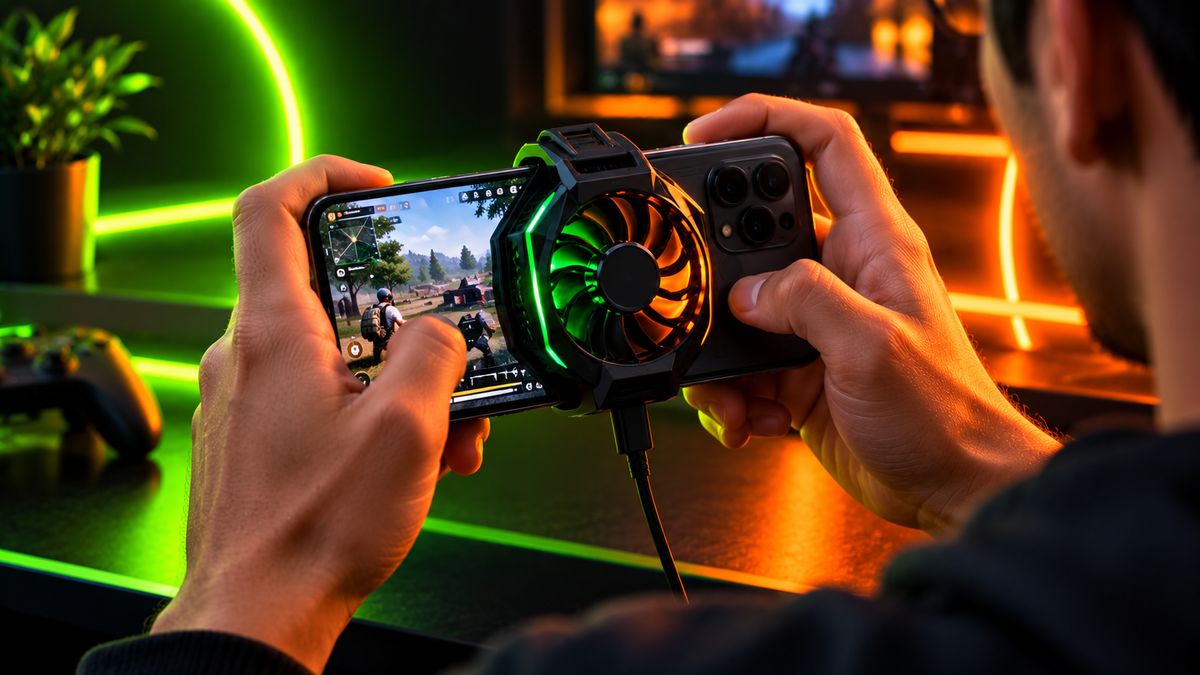 A phone with a clip-on cooling fan during a mobile game