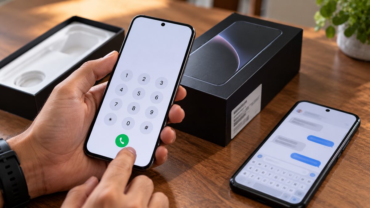 A hand dialling on a new phone next to its box with a label sticker, and a second phone showing an SMS chat