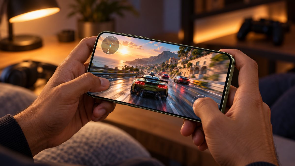 Hands holding an olive green phone sideways, playing a fast racing game on a bright screen in a lamp-lit room