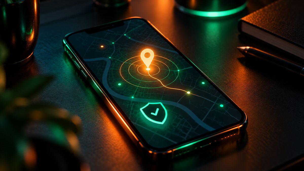 Phone on a desk showing a glowing location pin on a dark map with a privacy shield icon