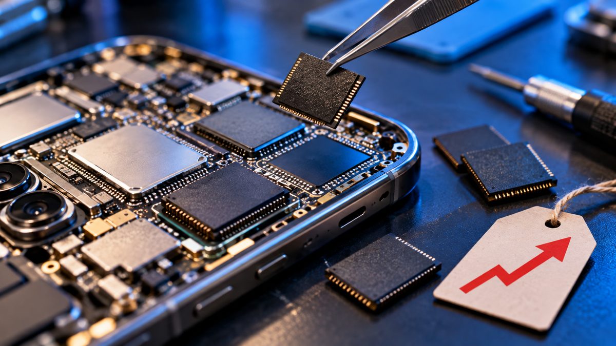 Tweezers lifting a memory chip from an open phone circuit board, next to a price tag with a red upward arrow