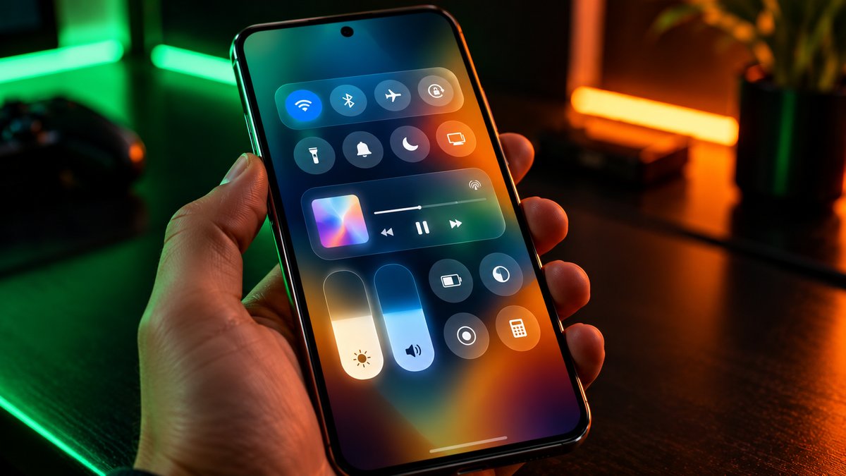 Hand holding a phone showing a redesigned quick settings panel with round translucent toggles and a media player