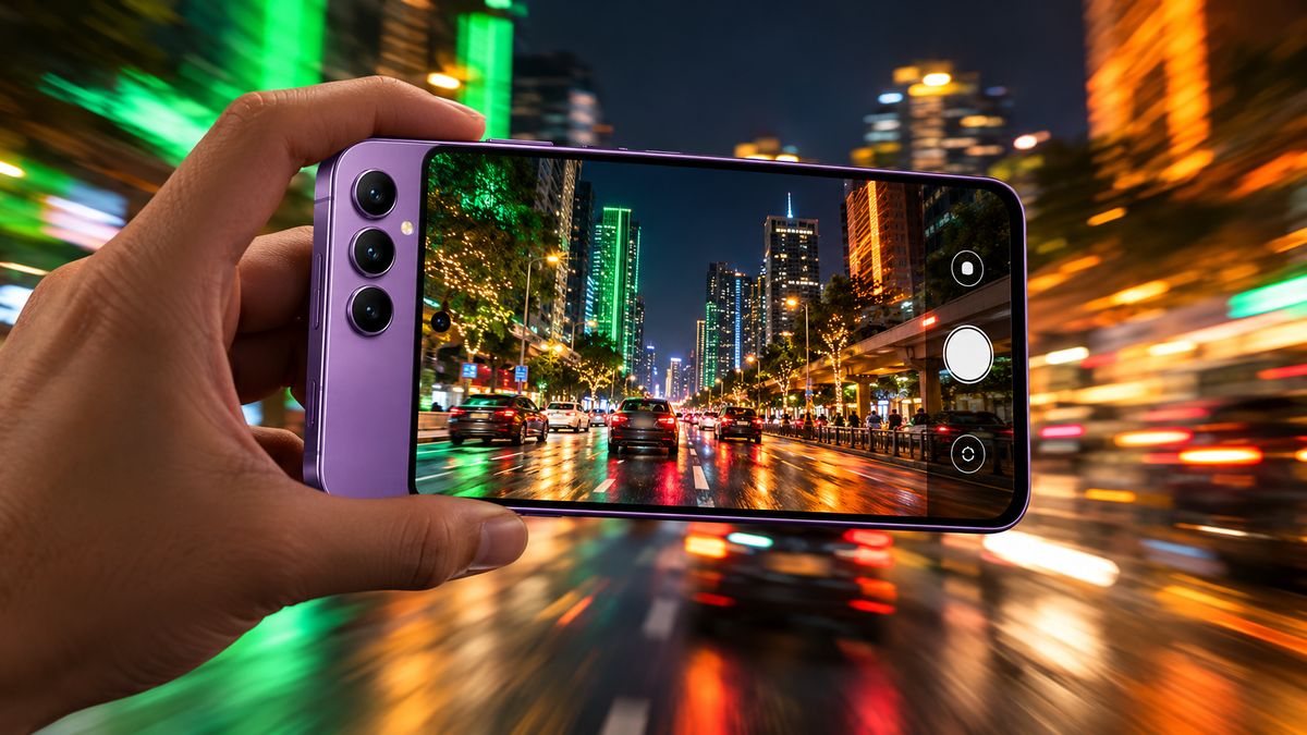 A hand holding a violet phone recording a steady video of a busy city street at night