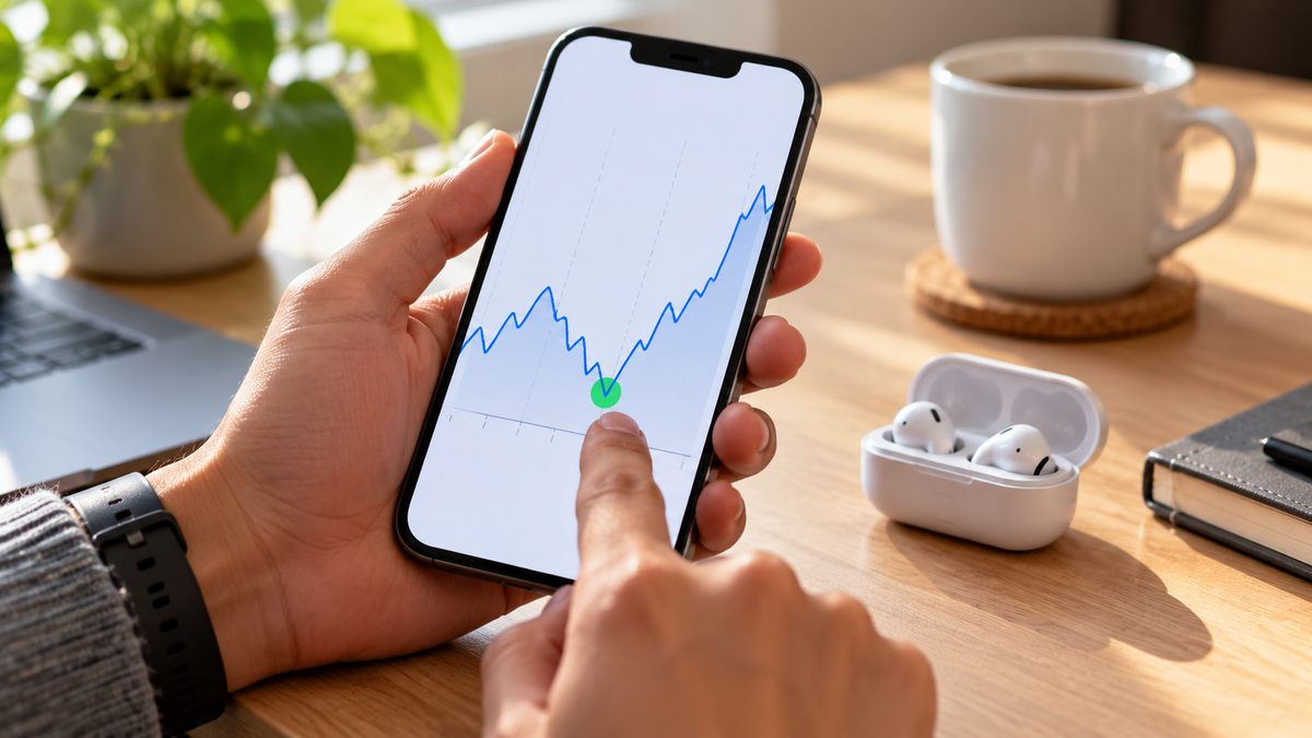 A hand pointing to the lowest point on a price history chart on a phone, with wireless earbuds on the desk
