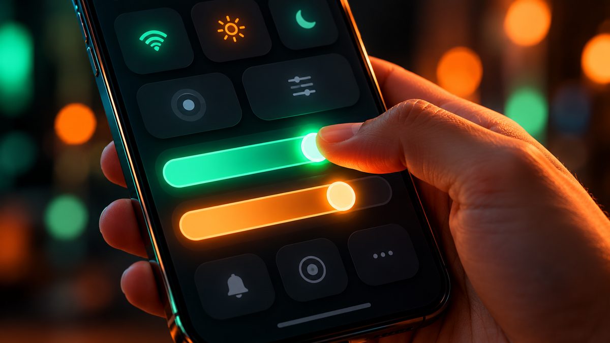 Thumb dragging a glowing green slider on a phone quick settings panel with an orange slider below