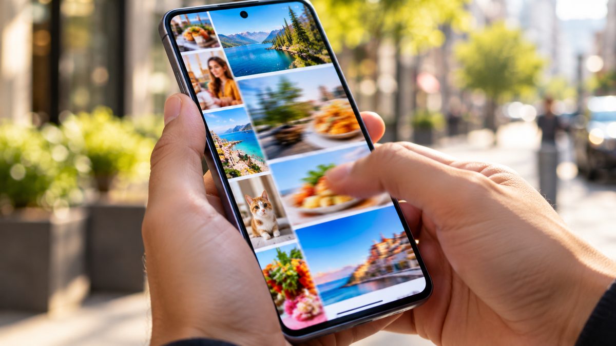 Hands scrolling through a colourful photo grid on a bright smartphone screen on a sunny city street