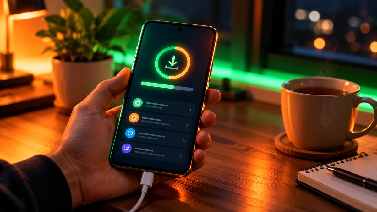 A hand holding a charging smartphone showing a software download progress bar, next to a cup of tea on a desk at night