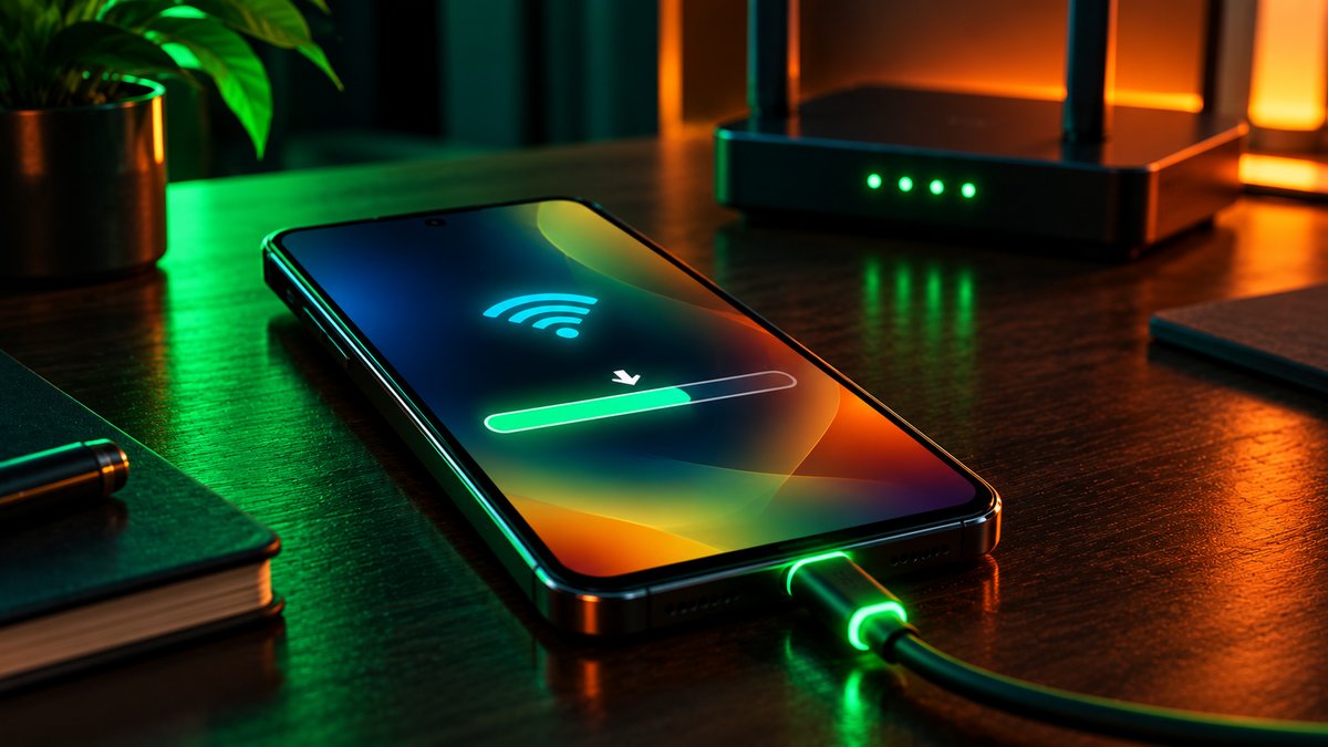 Phone on a desk charging by USB-C while downloading a software update over Wi-Fi, with a router glowing behind