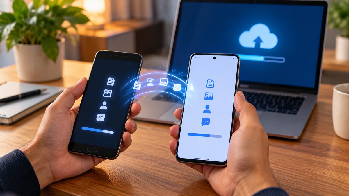 Two phones held side by side with files, photos and contacts transferring from the old phone to the new one, and a laptop showing a cloud backup