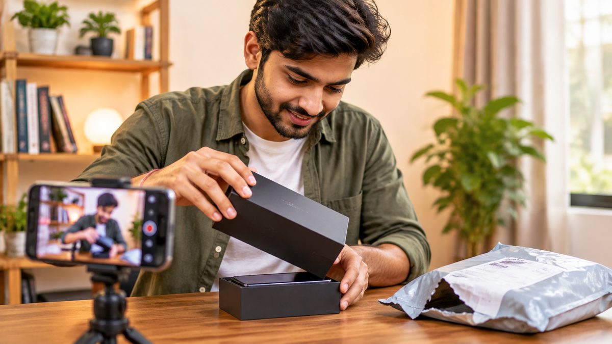 A man opening a new phone box at a table while a second phone on a tripod records the unboxing