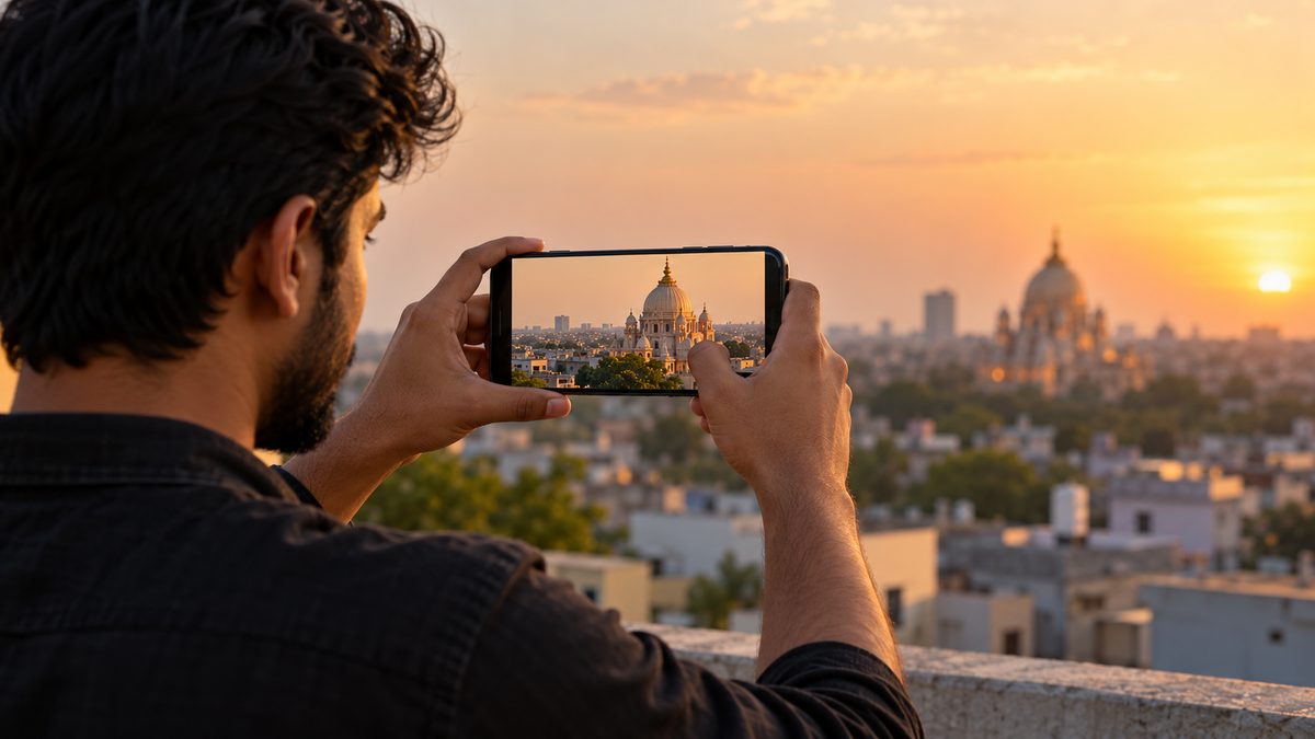 A man on a rooftop at sunset zooming his phone camera into a distant domed temple, shown sharply on the screen