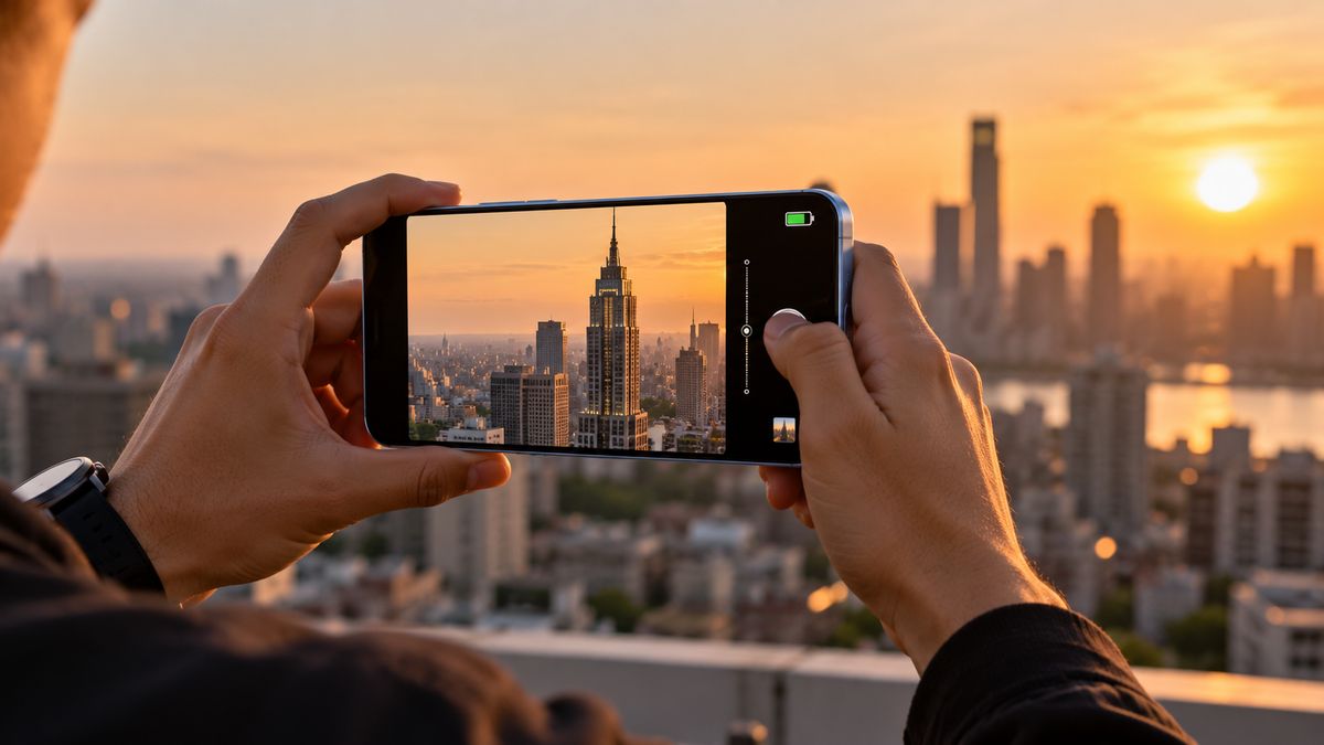 Hands holding a pale blue phone on a rooftop at sunset, zooming in on a distant skyscraper