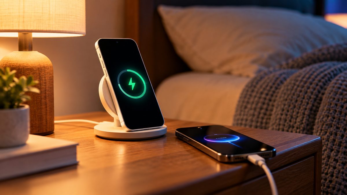 A white phone on a magnetic wireless charging stand and a dark phone charging by USB-C cable on a bedside table at night