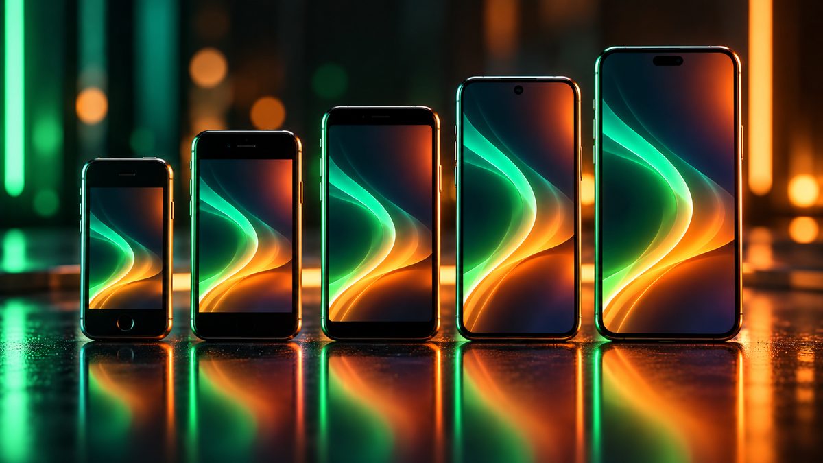 Five smartphones from an older small model to a newer large one lined up on a glossy table with green and orange reflections