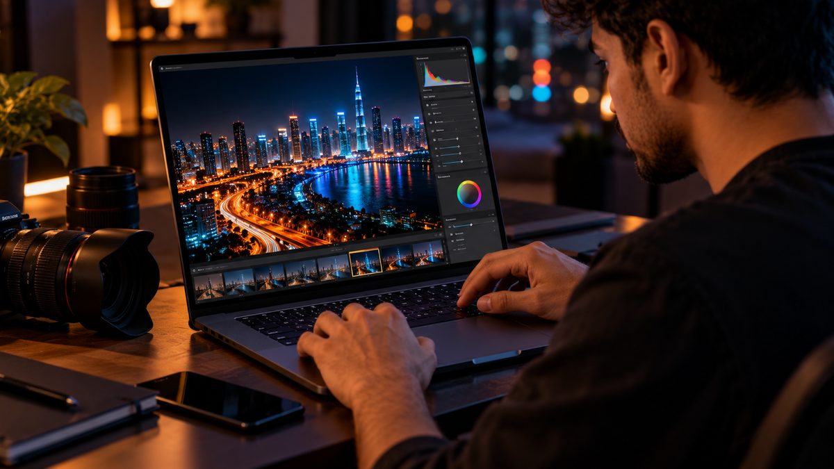 A photographer editing a night city photo on a dark laptop with a bright, high-contrast screen, with a camera and lens on the desk