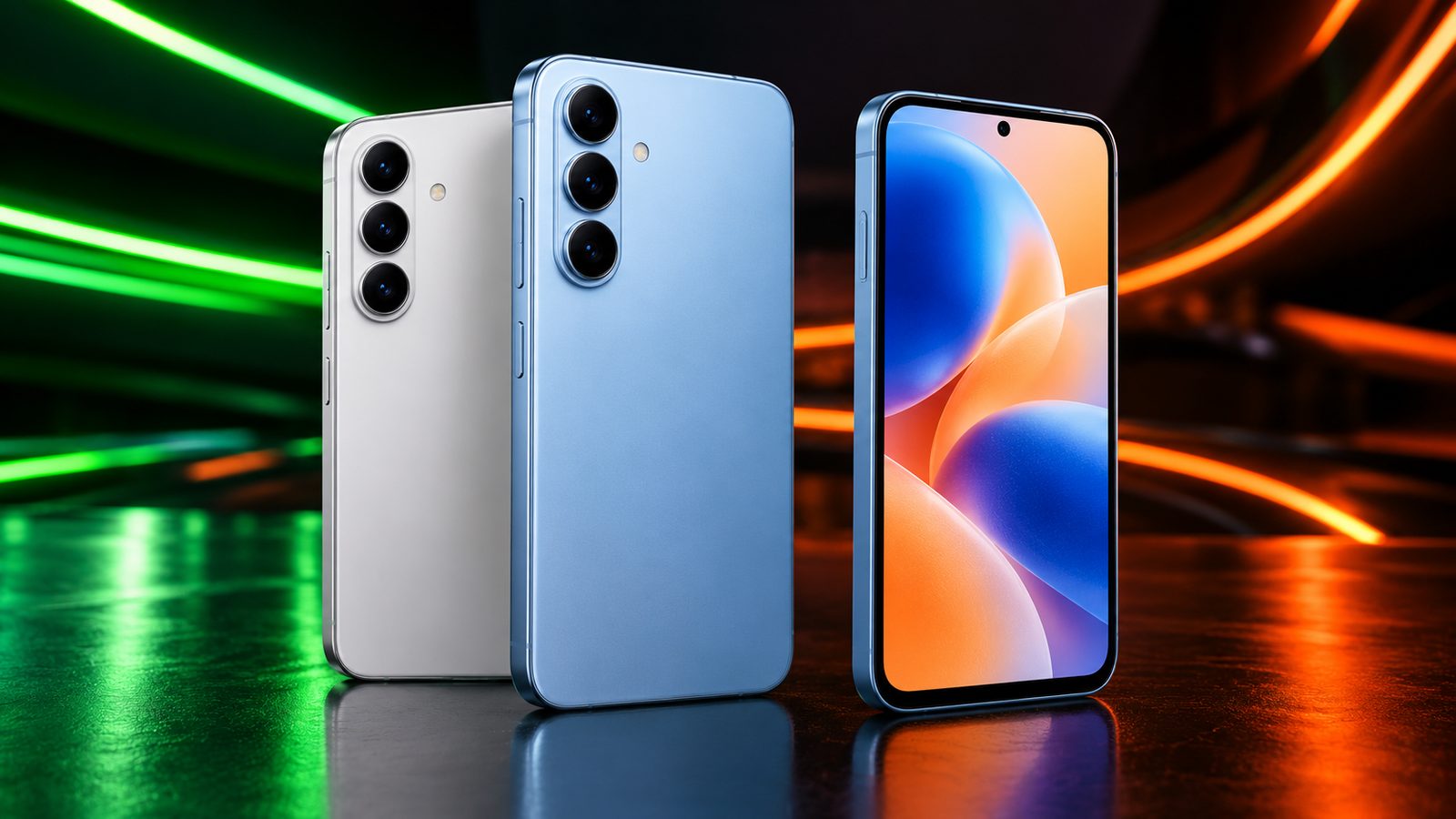 Illustration of compact phones in white and light blue with triple rear cameras