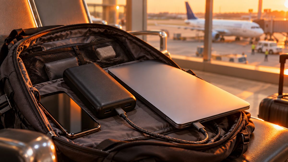 An open backpack at an airport gate with a black power bank charging a laptop through a braided USB-C cable