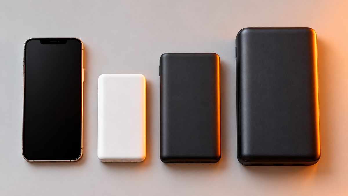 A smartphone next to three power banks lined up from a small slim one to a large heavy one