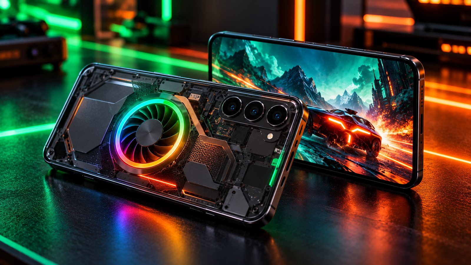 Illustration of a gaming phone with a transparent back and RGB cooling fan next to a phone showing a racing game