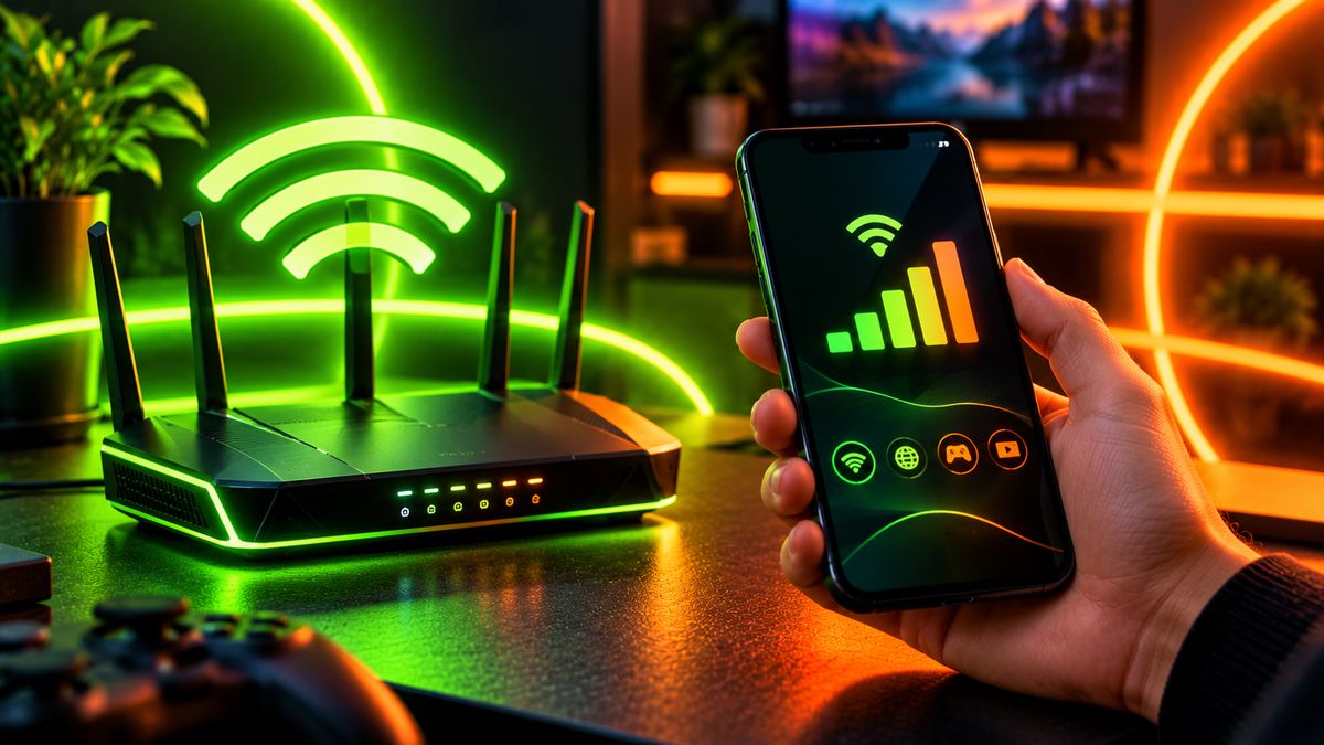 A Wi-Fi router next to a phone showing strong signal