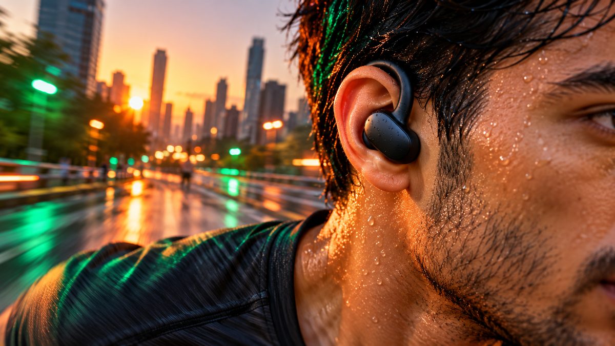 Close-up of a sweaty runner wearing an ear-hook wireless earbud on a city street at sunrise