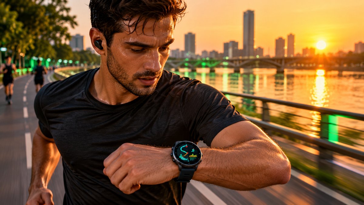 Runner checking a round sport watch with a GPS route on a riverside path at sunrise