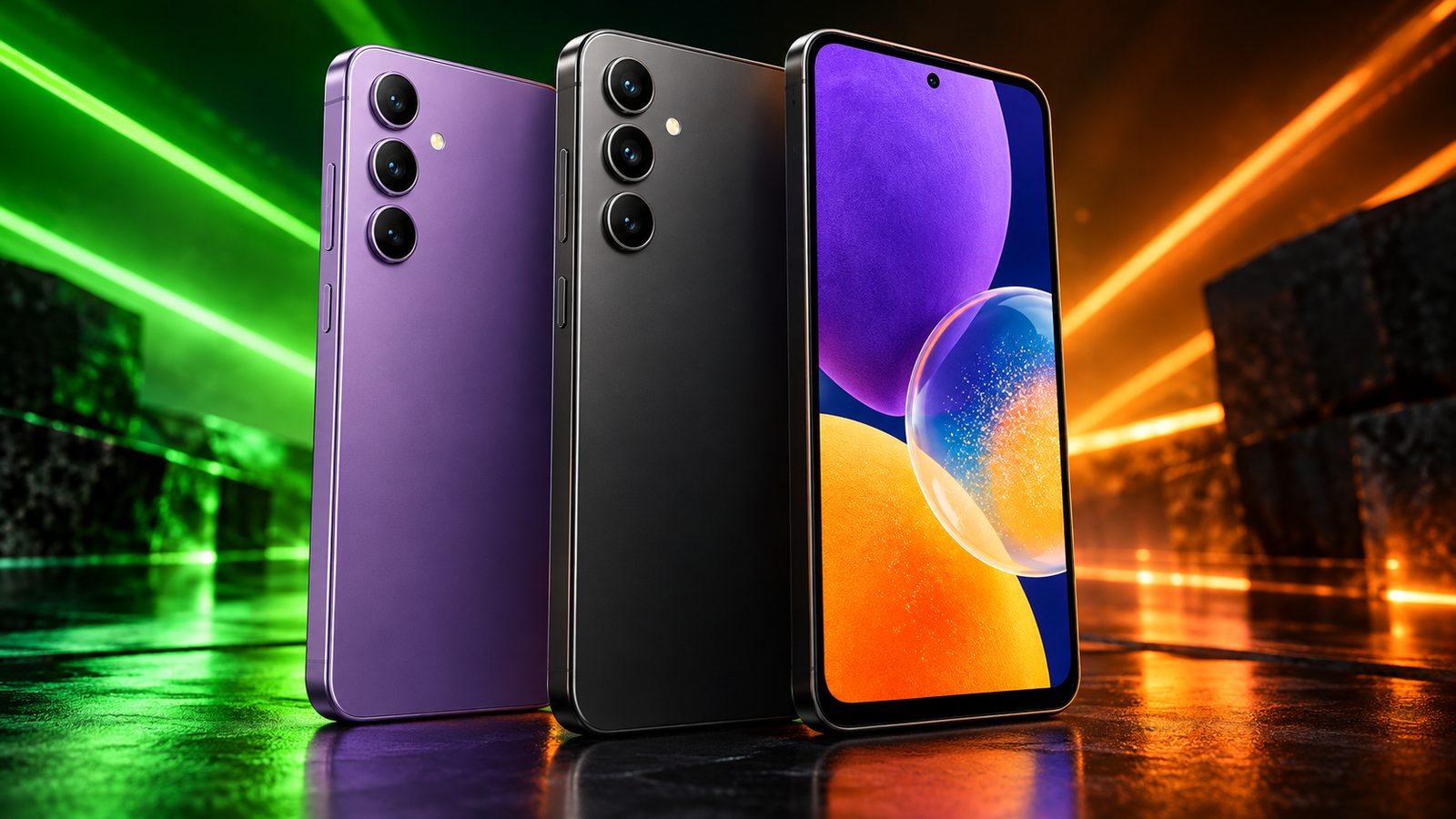 Illustration of a violet and a black budget smartphone with triple rear cameras
