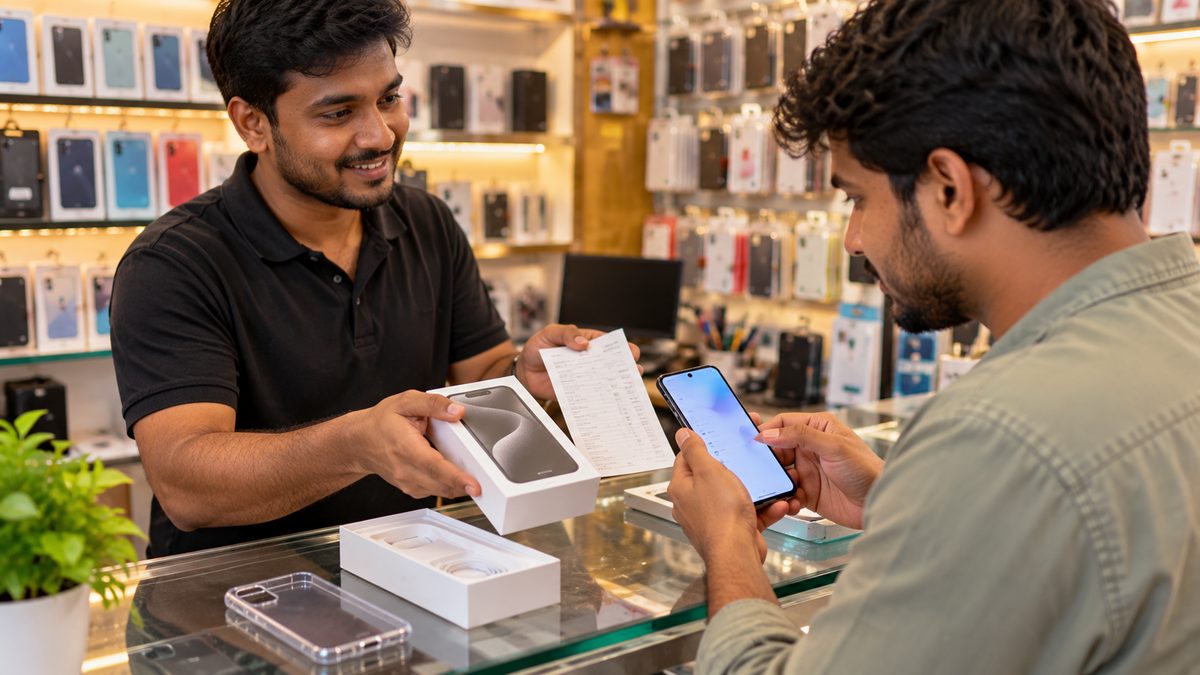 A seller handing over a phone box and printed bill at a mobile shop counter while the buyer checks the phone