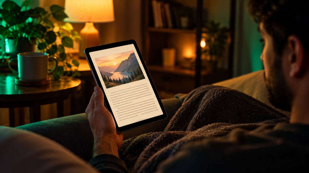 A person on a sofa holding a small tablet in one hand and reading an article at night by lamp light