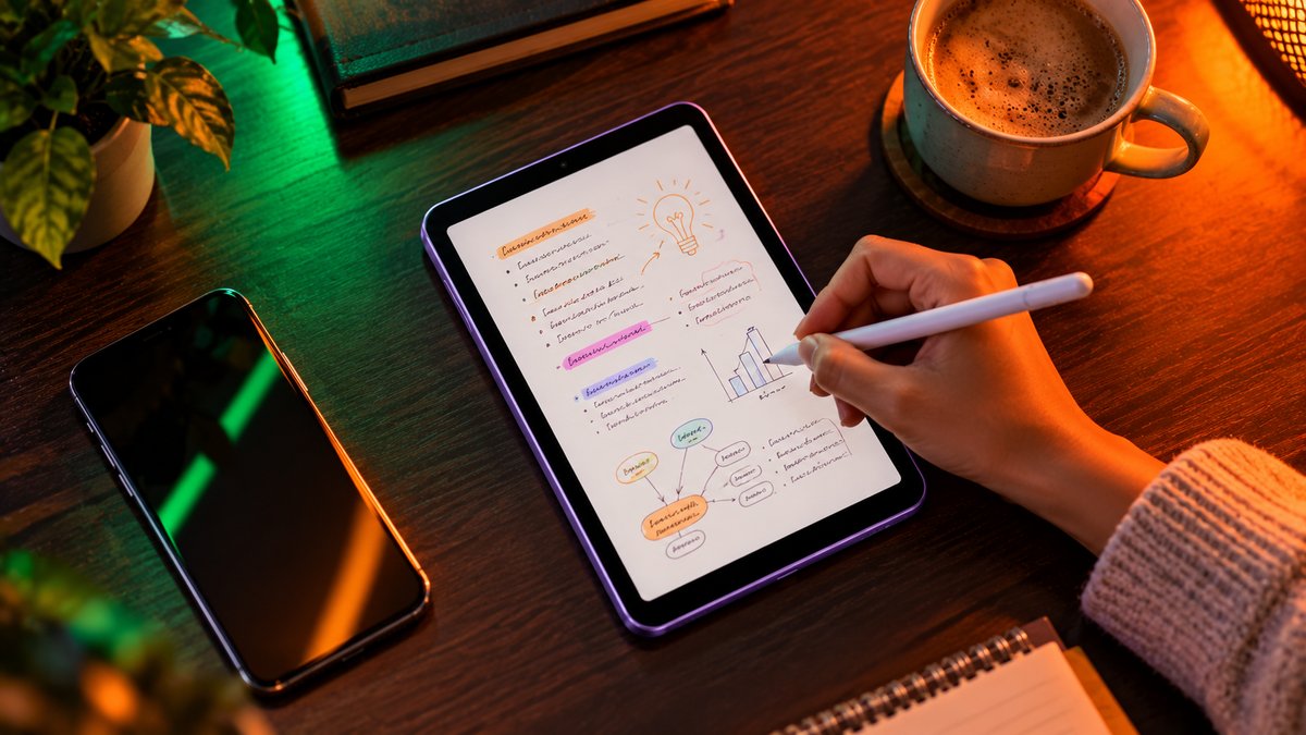 Hand writing colourful notes with a white stylus on a small lavender tablet on a wooden desk, next to a phone and coffee