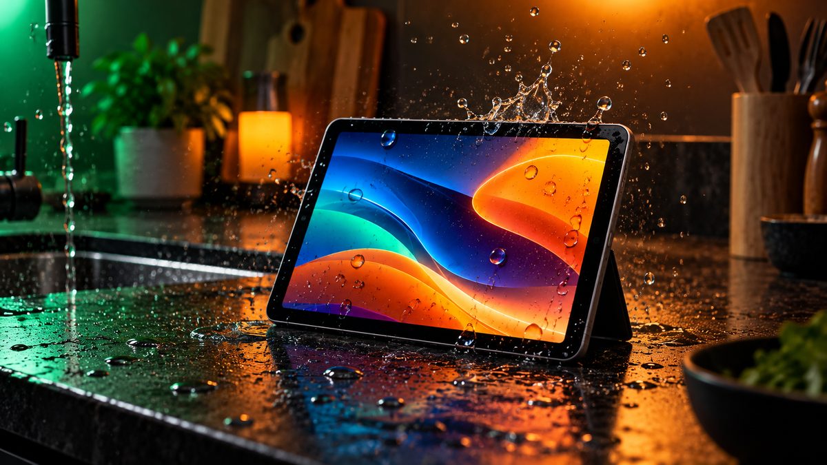 A small tablet on a stand on a wet kitchen counter with water splashing across its screen