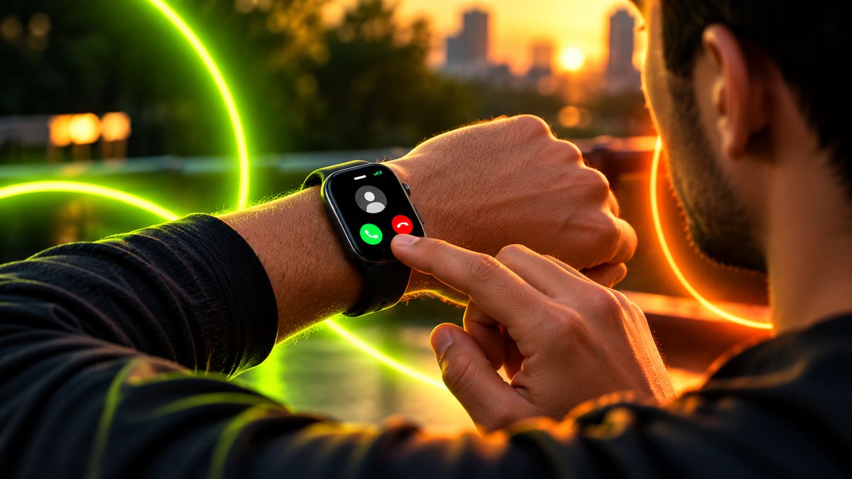 A person answering a call on their smartwatch