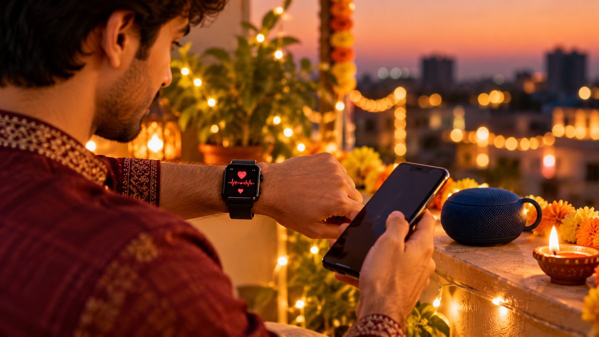 A man checking a heart-rate screen on his smartwatch while holding a phone on a balcony with Diwali lights and a small speaker